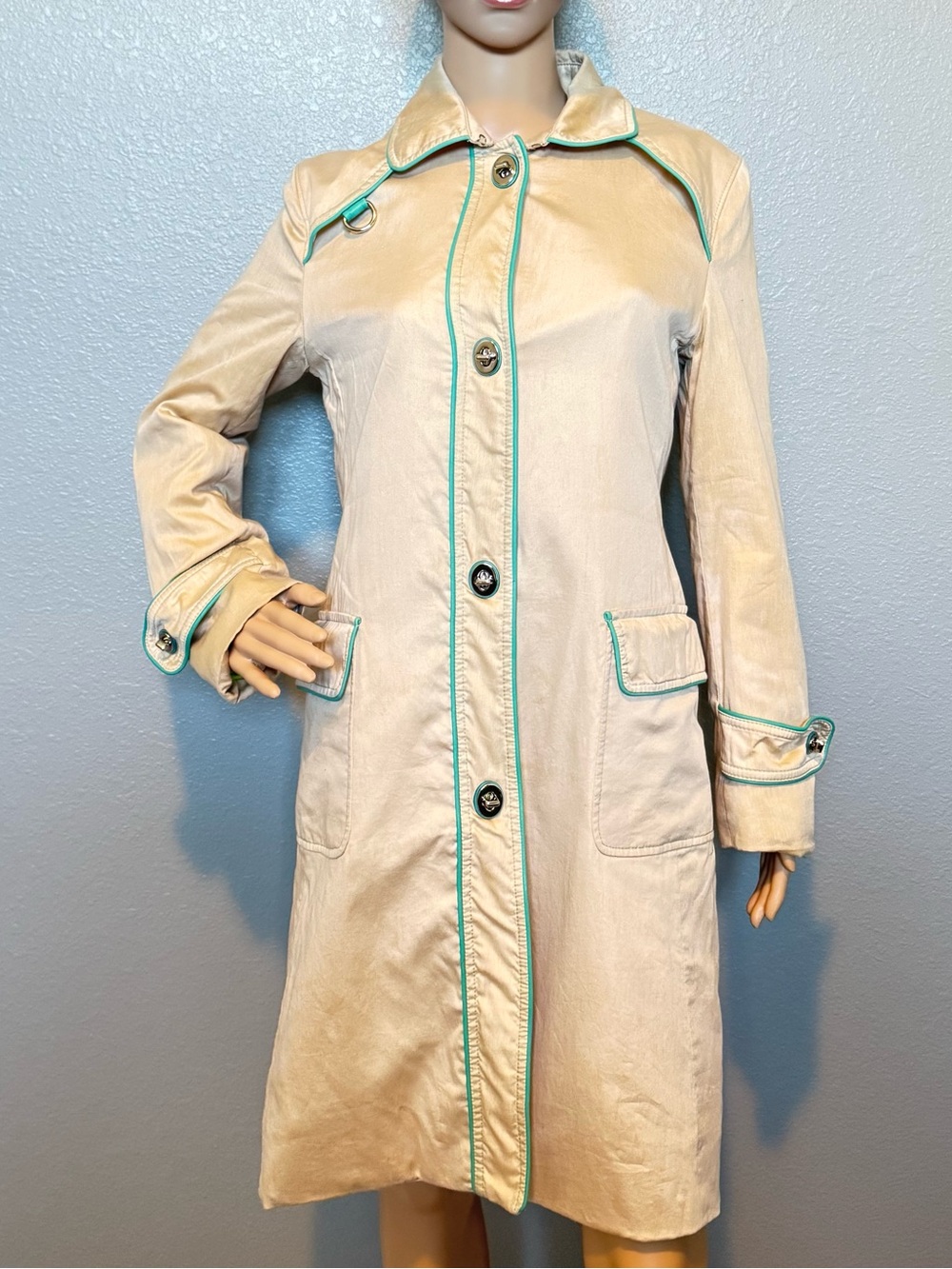 Vintage Coach Trench Coat with Teal Leather Trim and Polka Dot Lining Size 4